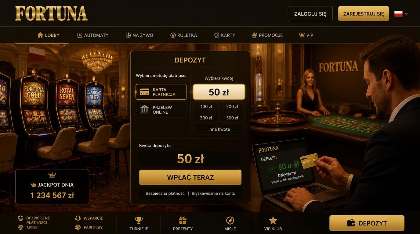 ekran depozytu w Fortuna Casino z minimalną kwotą 50 zł i widocznym automatem do gry