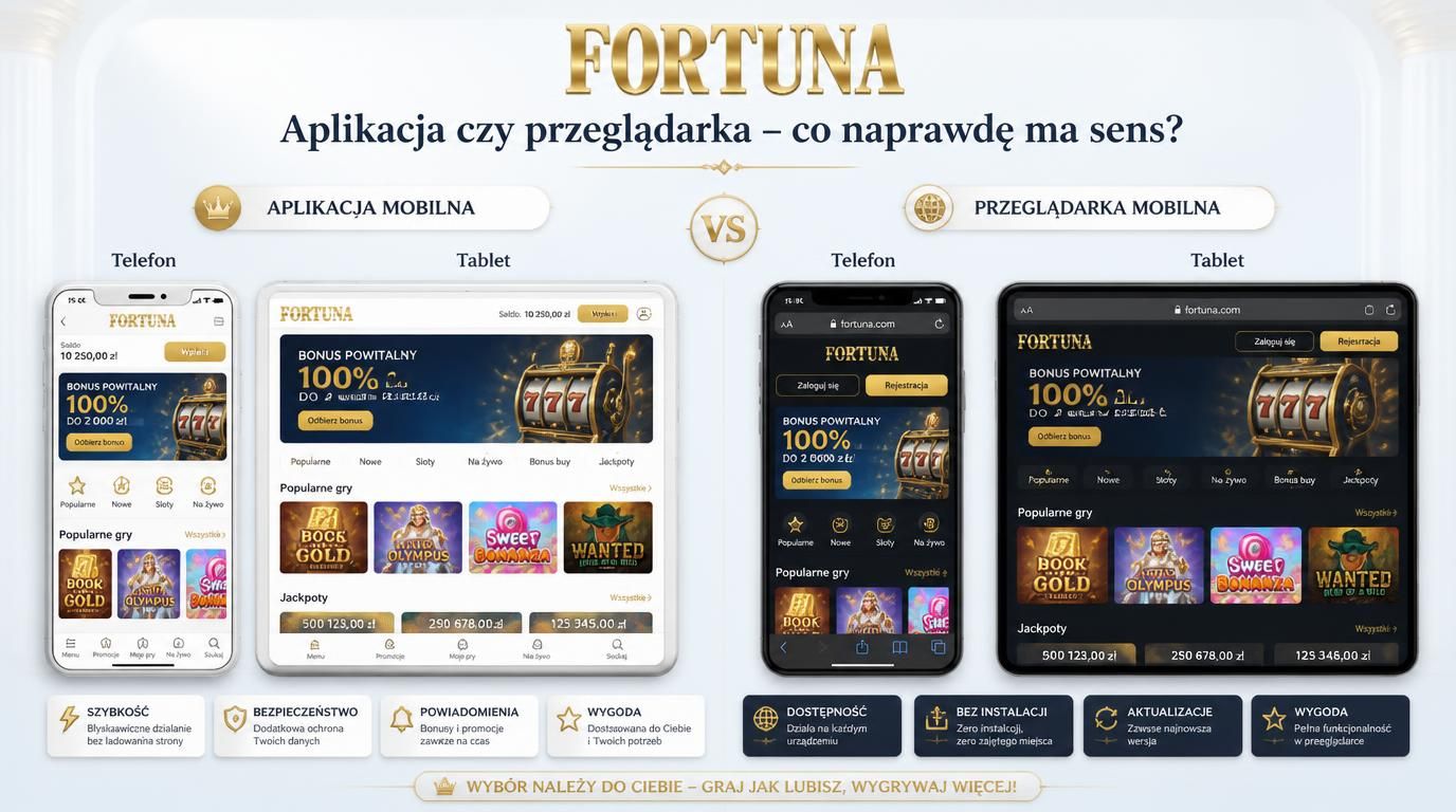 Widok dwóch urządzeń – smartfon z aplikacją i przeglądarka na tablecie – ilustruje wybór między aplikacją a stroną mobilną