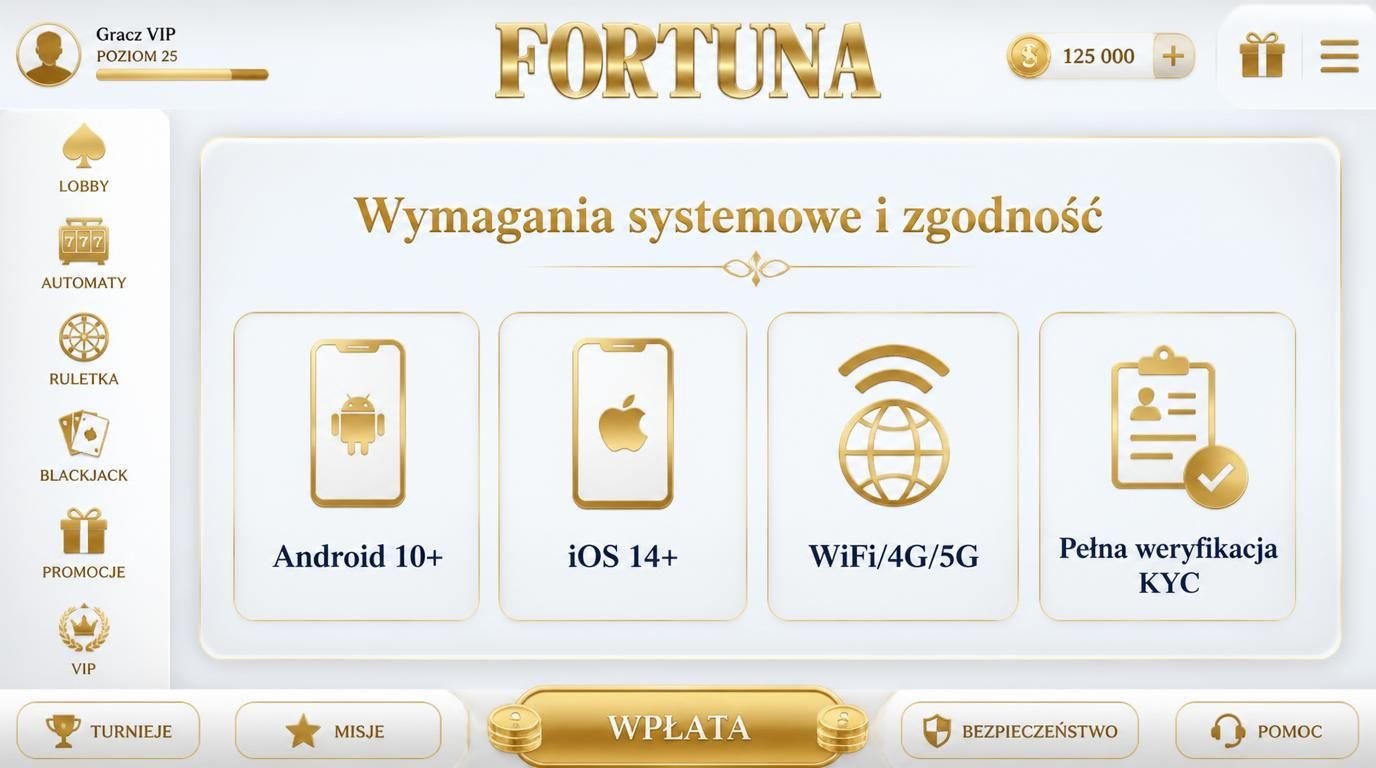 Ikony systemu Android i iOS z wymaganymi wersjami oraz symbole weryfikacji i internetu
